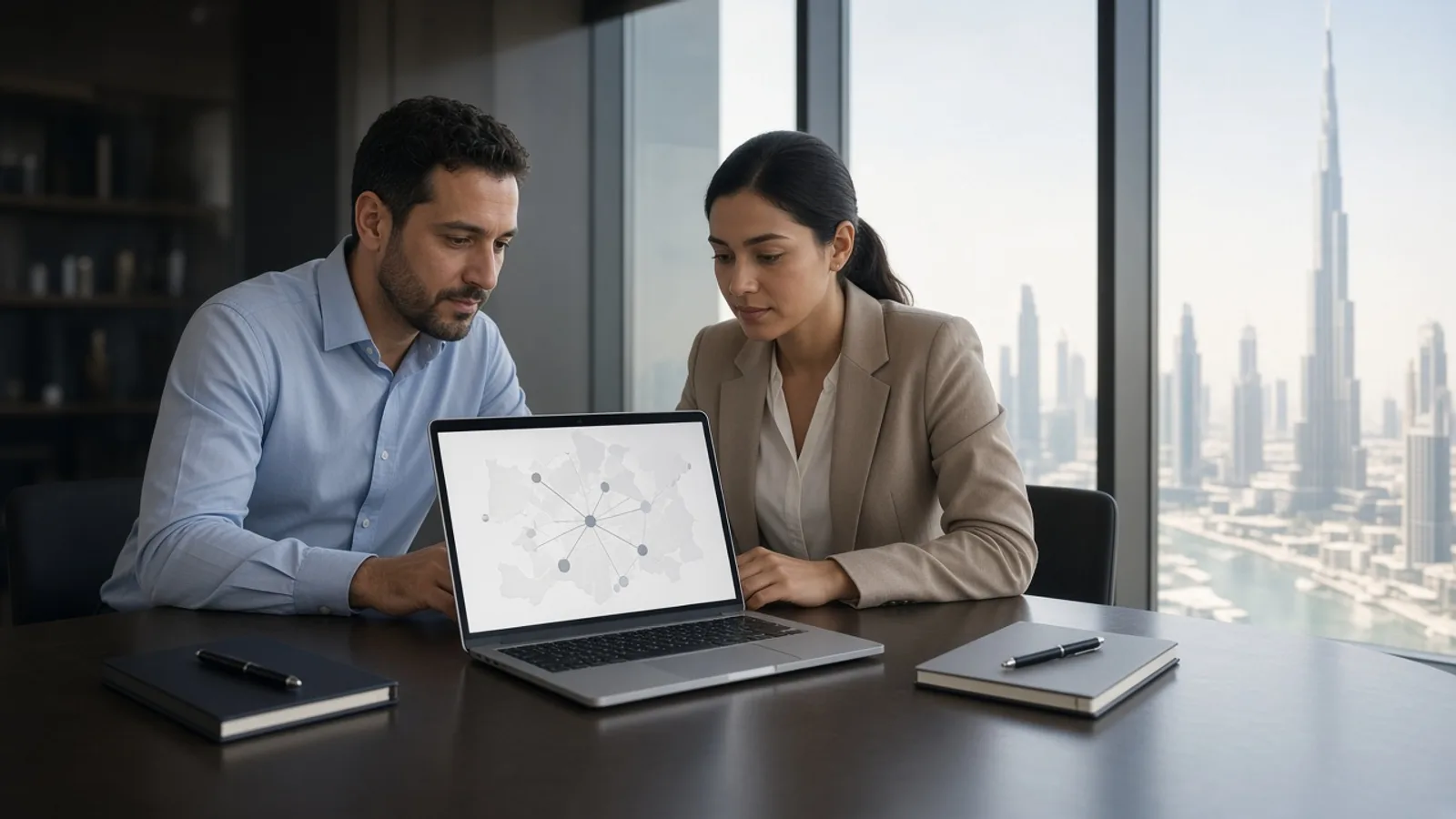 Two planners discussing an abstract map on a laptop in a sunny office