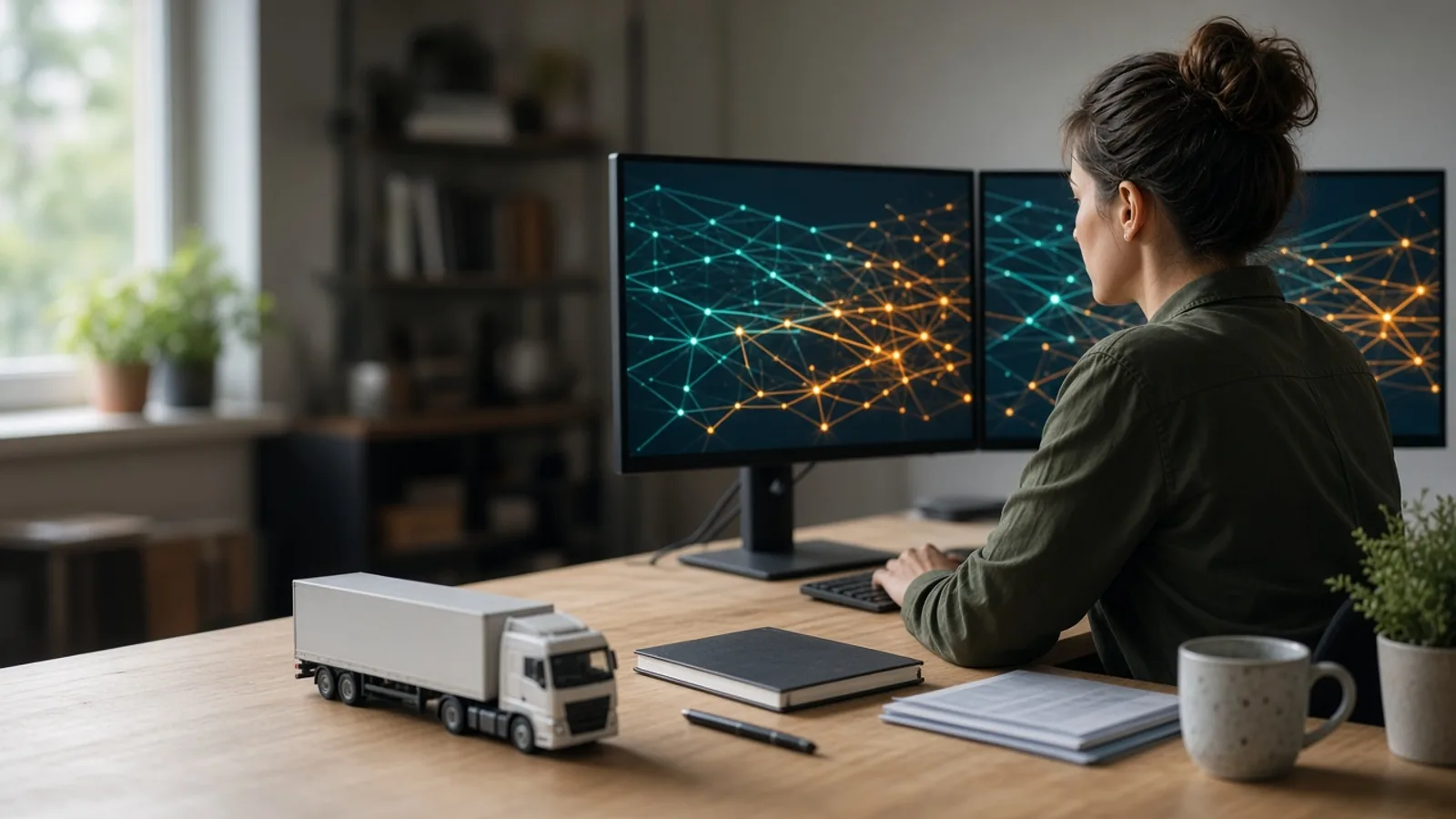 Planner reviewing abstract shipment lanes on two bright monitors