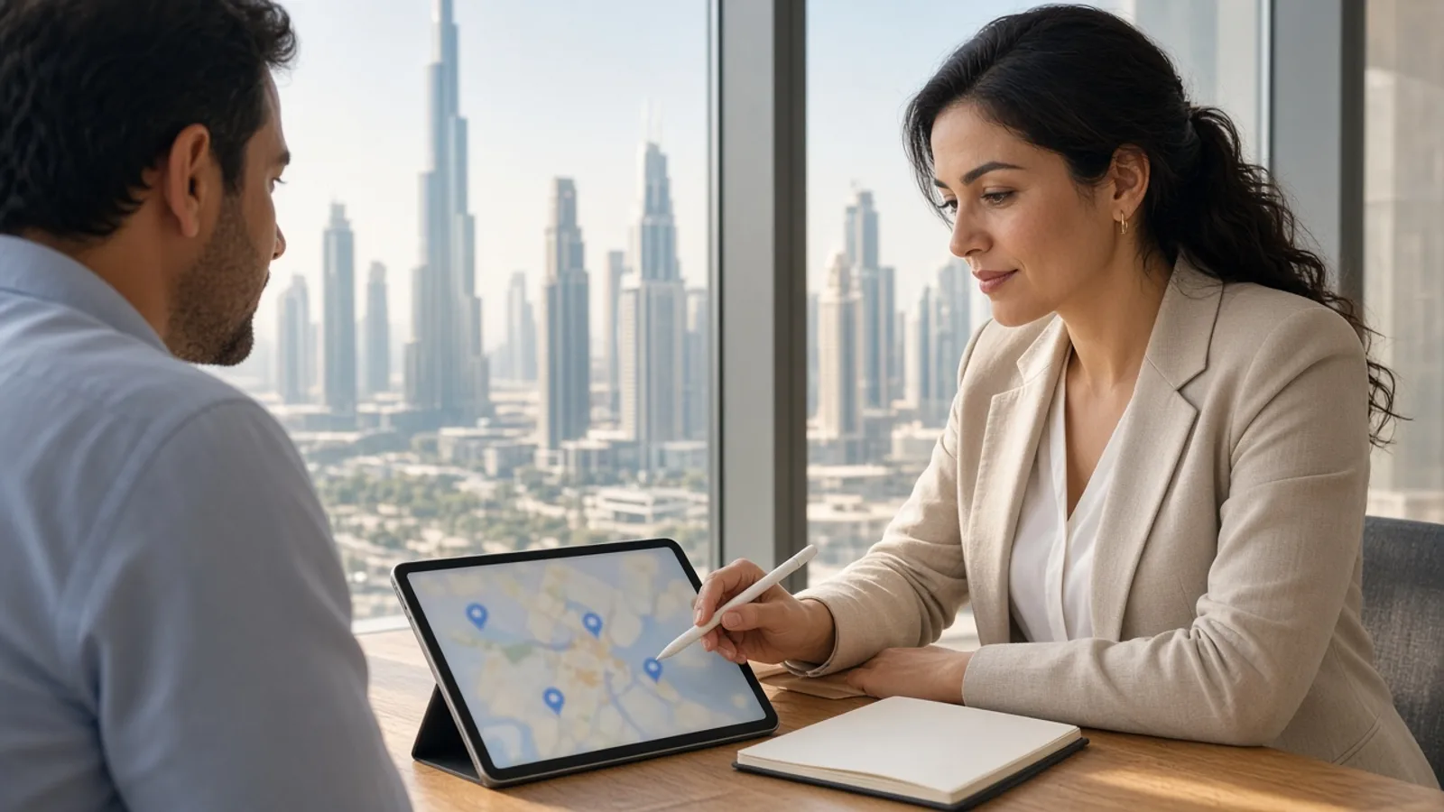 Planners reviewing a fleet map beside a Dubai skyline window