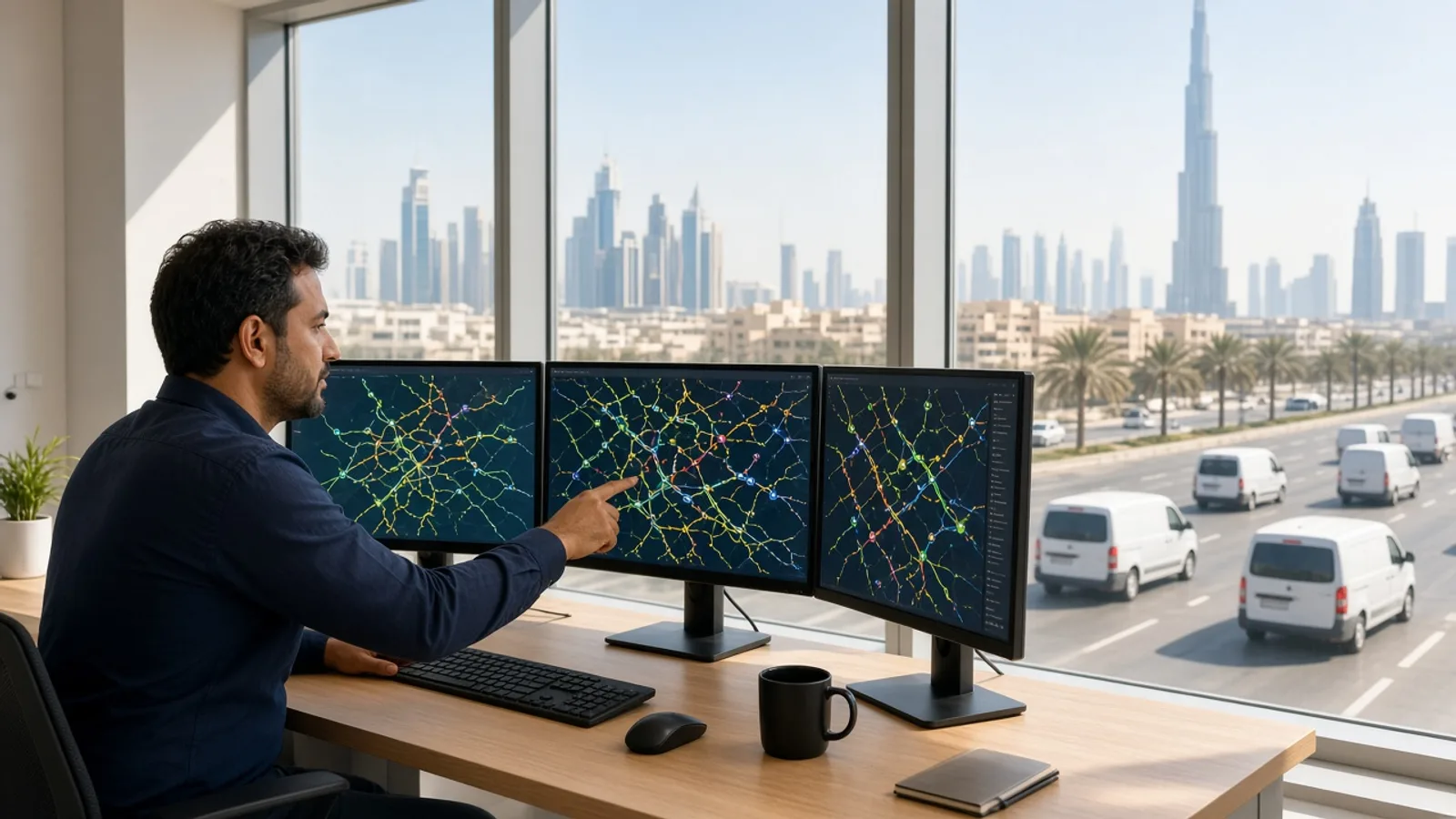 Dispatcher reviewing live fleet routes on monitors in a bright office