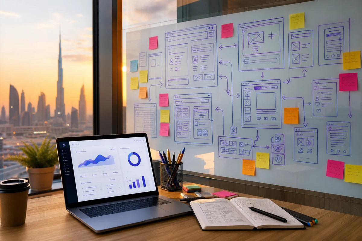 Vendor management software product concept with procurement dashboard interface and Dubai skyline