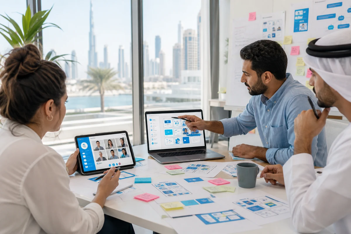 Video conferencing platform product idea with meeting dashboard and Dubai business setting
