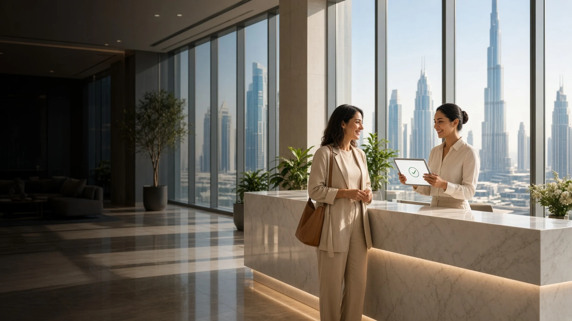Receptionist welcoming a visitor in a bright Dubai office lobby