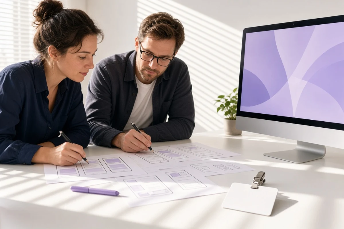 Designer and facilities specialist planning a visitor app in a bright studio