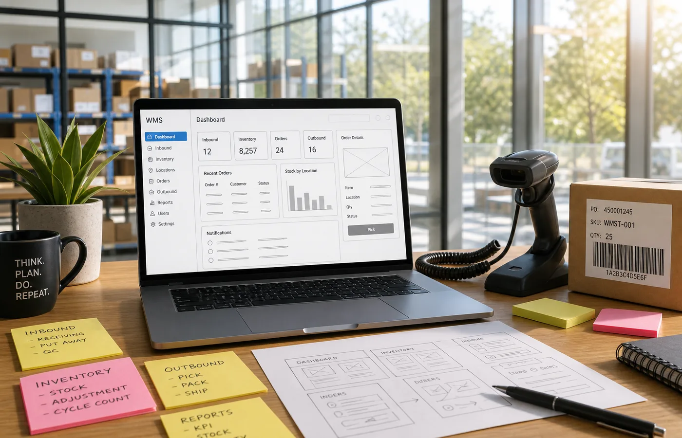 Warehouse management app concept with inventory dashboard interface and city background