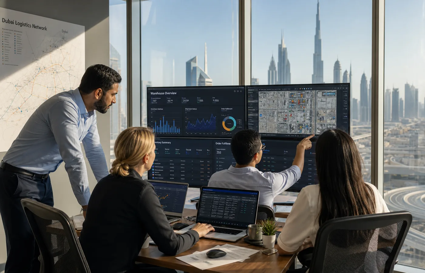 Dubai Business Bay tech team collaborating on a warehouse management app with city skyline at golden hour