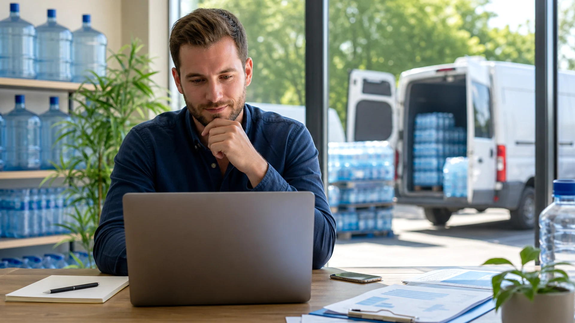 Water delivery app concept with bottled water subscription interface and logistics operations background