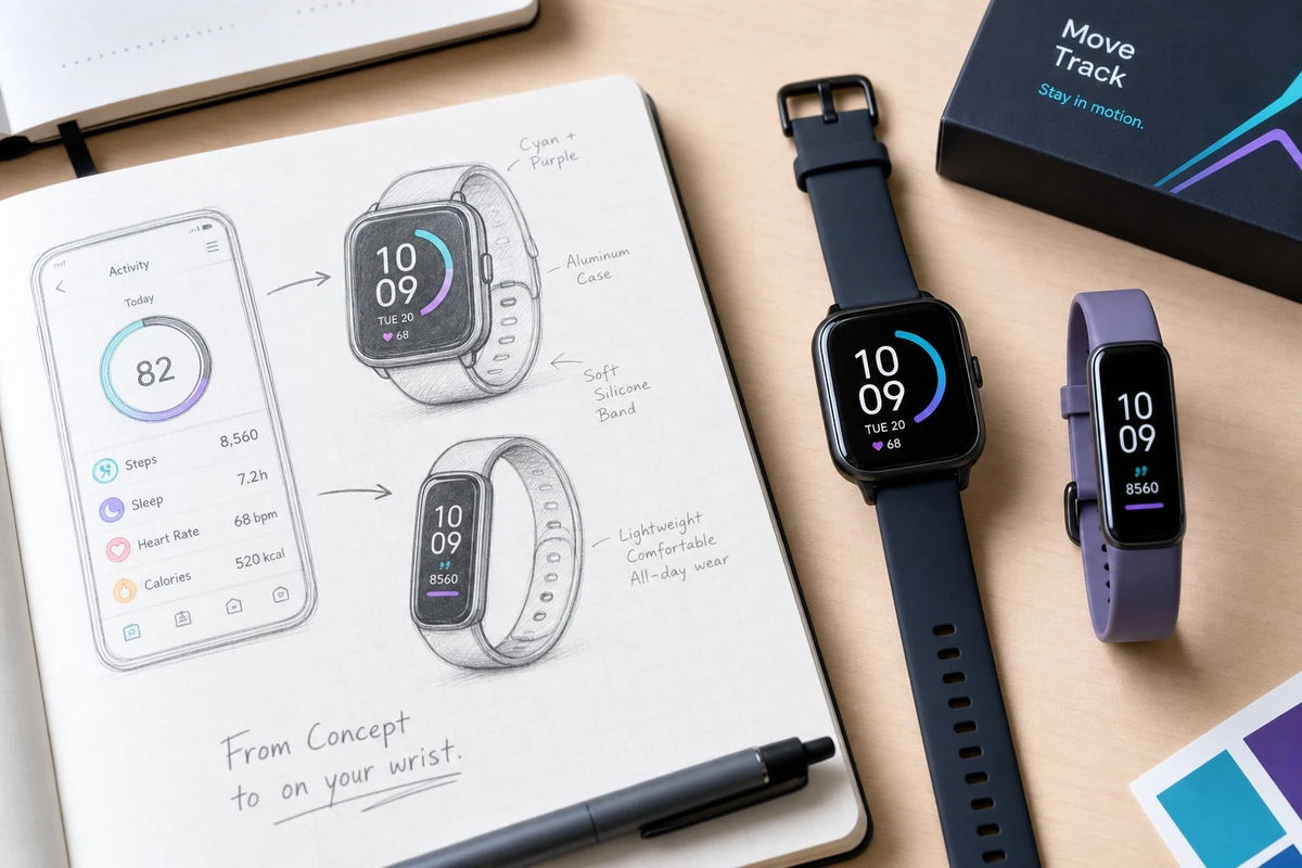 Wearable app product concept with smartwatch interface and Dubai skyline