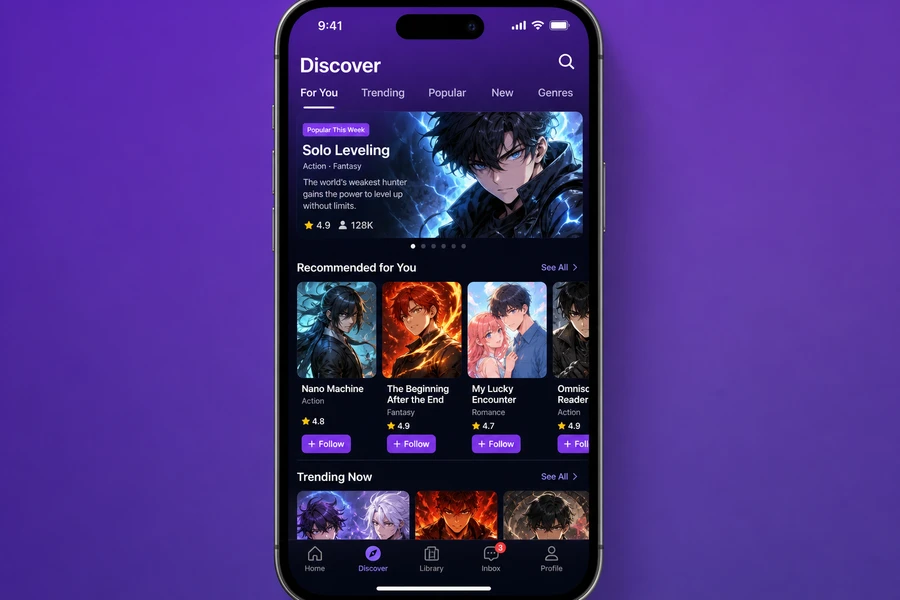 Web comic app with comic discovery reading history and digital purchases on mobile