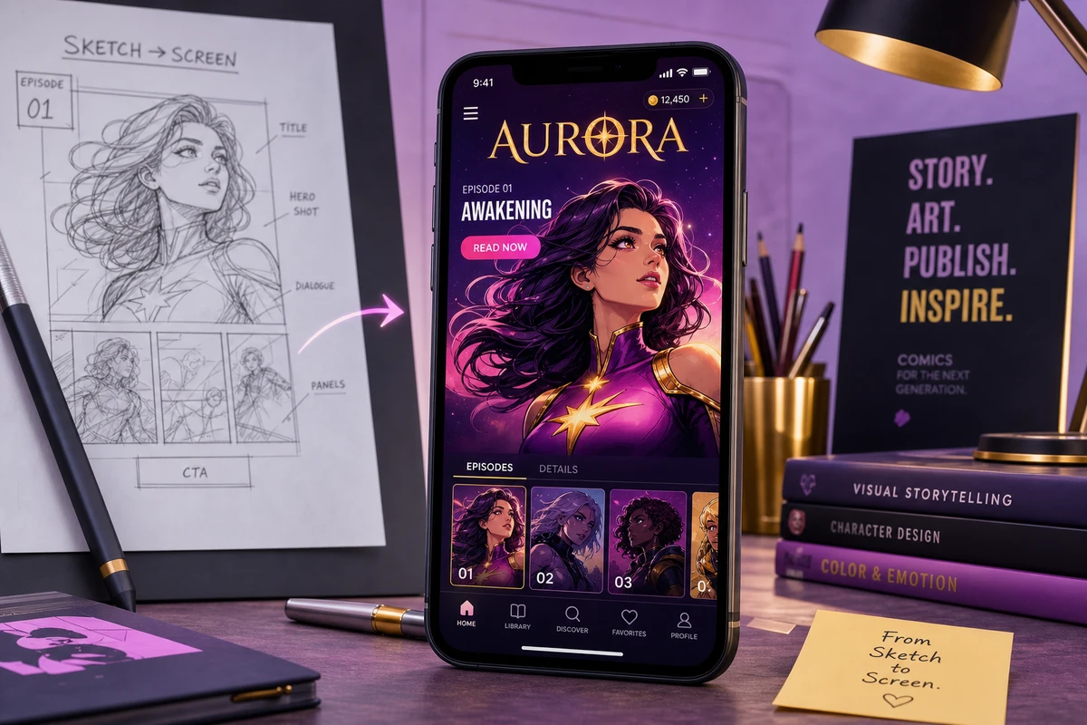 Web comic app product concept with vibrant interface and Dubai skyline