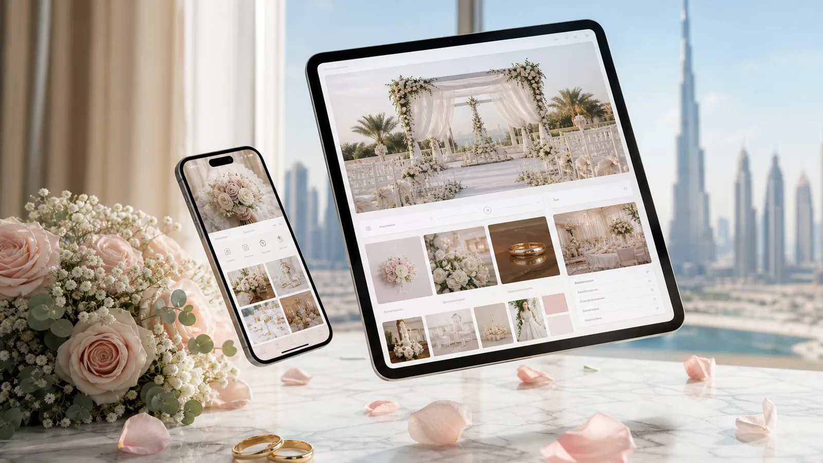 Wedding app product concept with planner interface and bridal bouquet