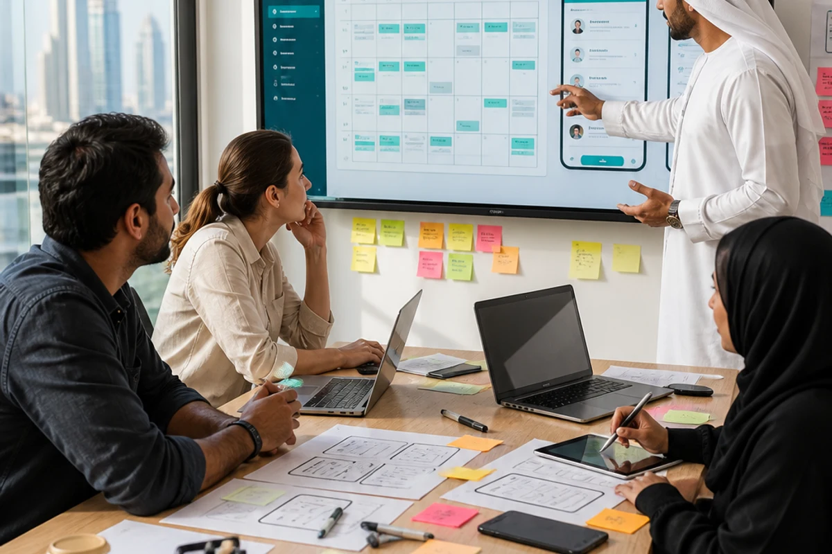Workforce management software product concept with scheduling dashboard and Dubai skyline