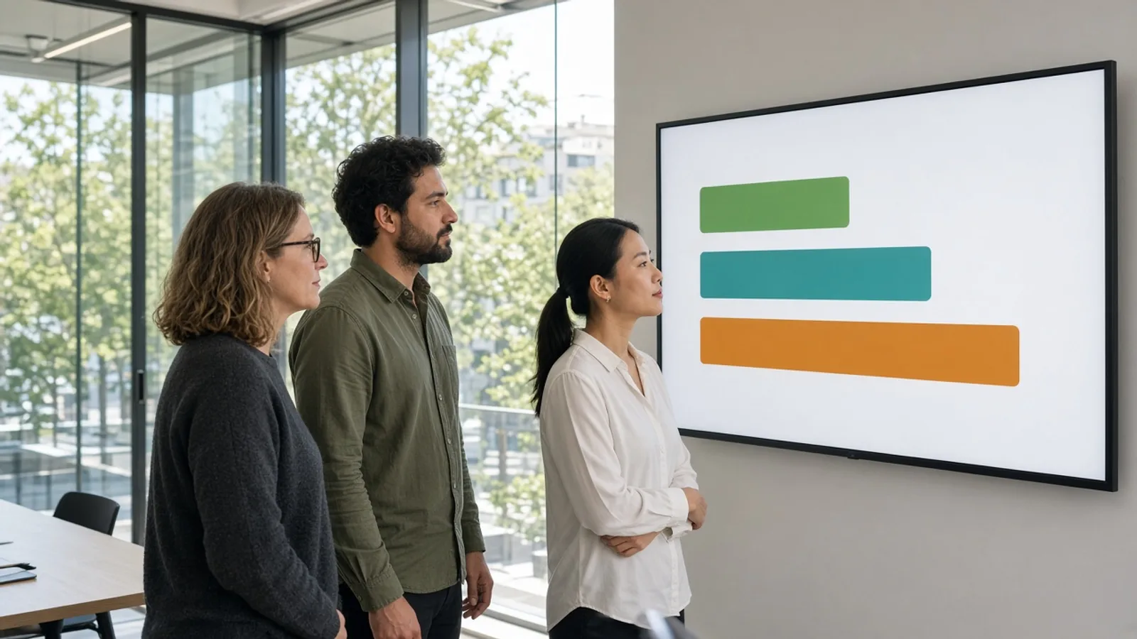 Three colleagues reviewing a simple colour-coded risk register on a screen in a bright glass meeting room