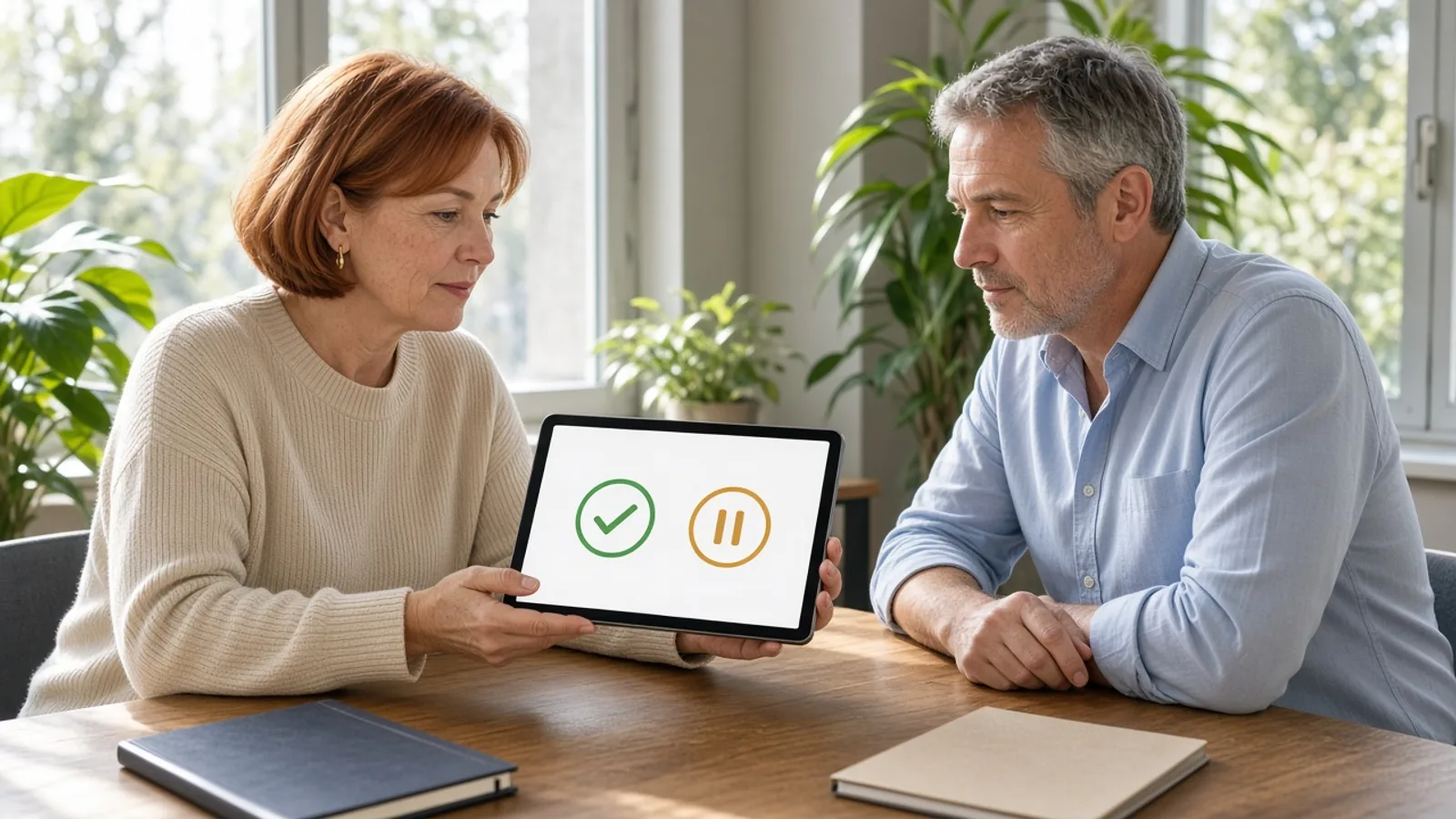 Two colleagues reviewing an approval and pause control on a tablet in a bright meeting room