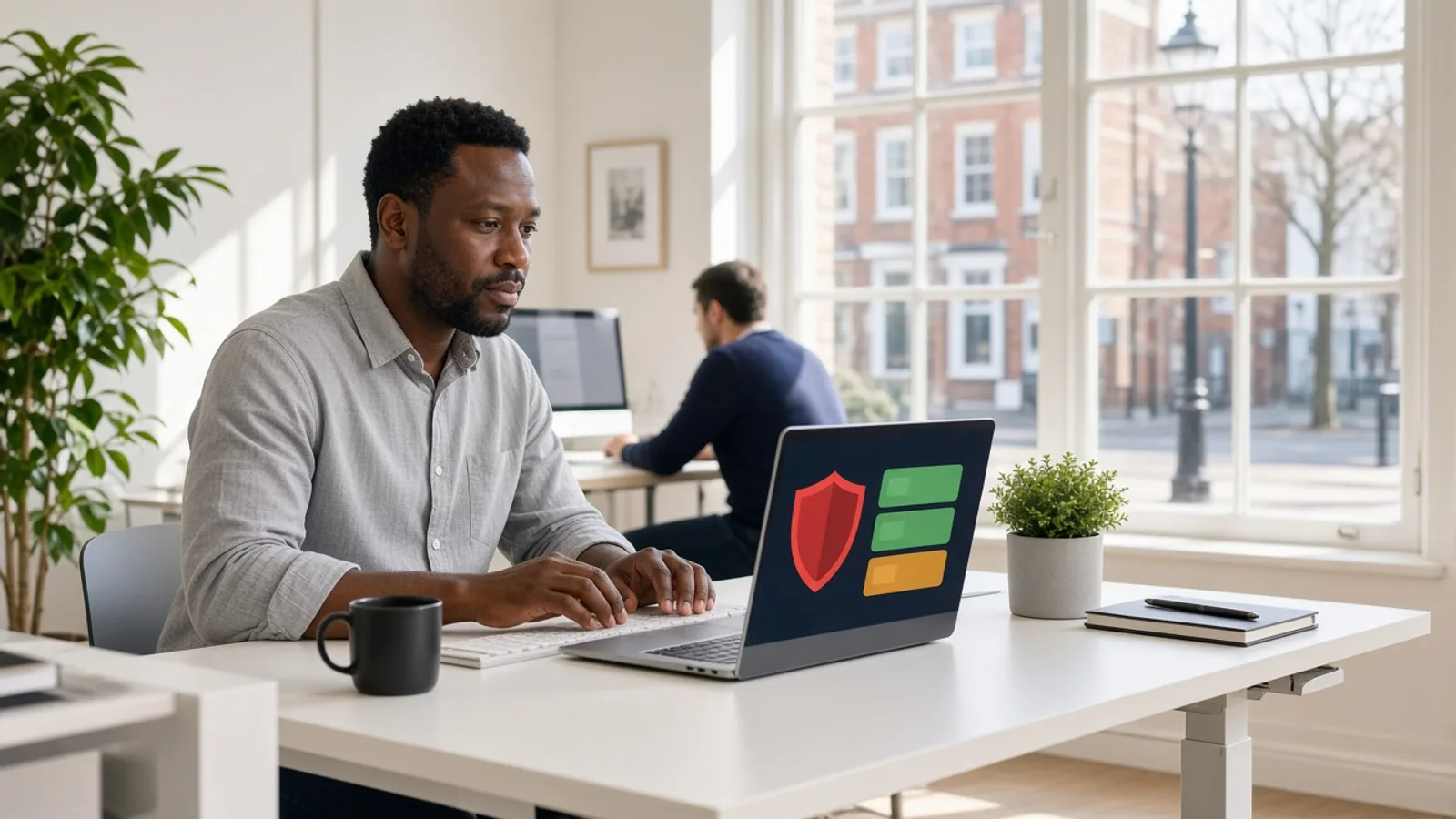 Technology lead reviewing a security dashboard with a red shield and status cards in a bright UK office