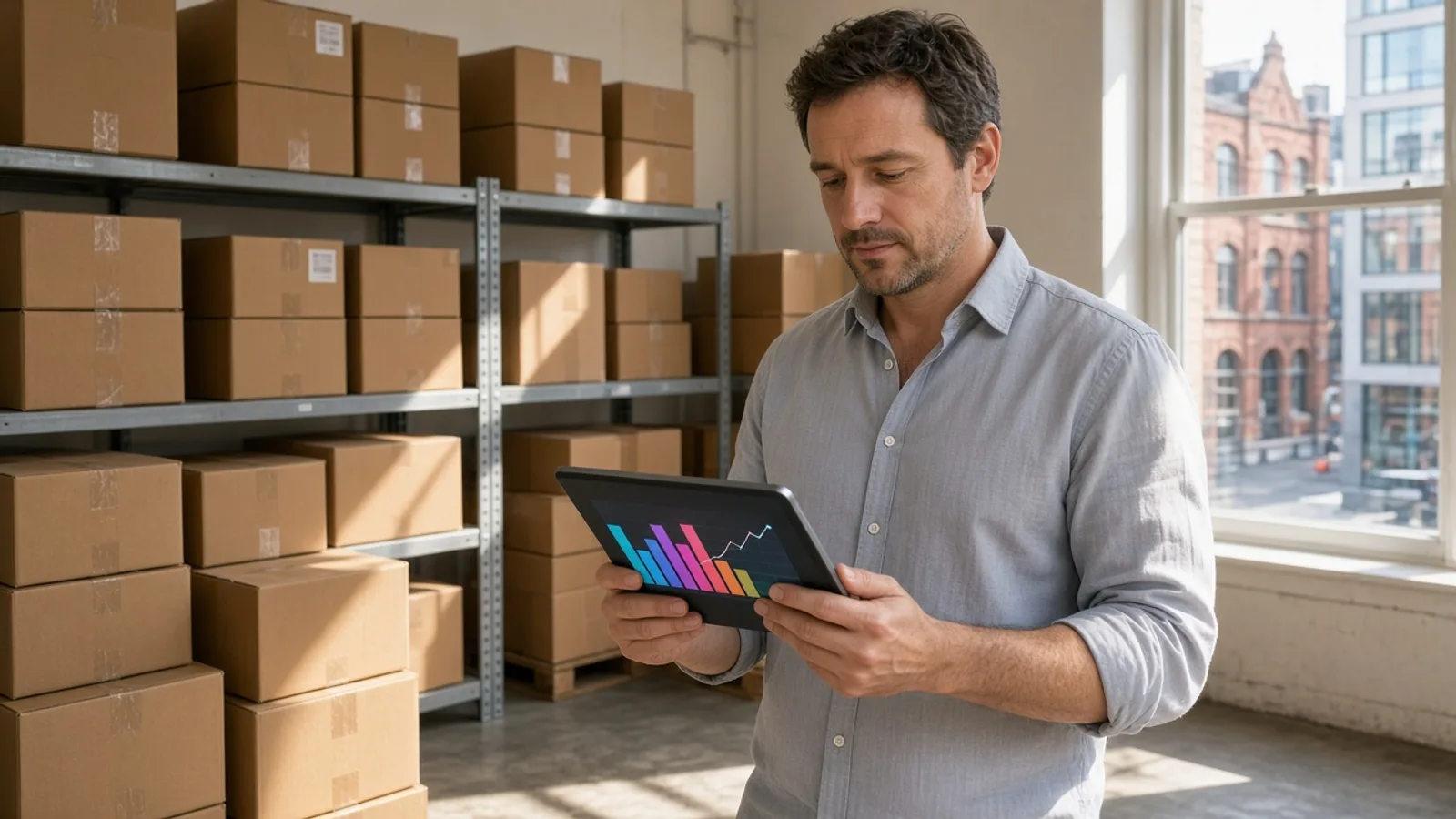 Retail manager checking a colourful demand chart on a tablet in a bright stock room