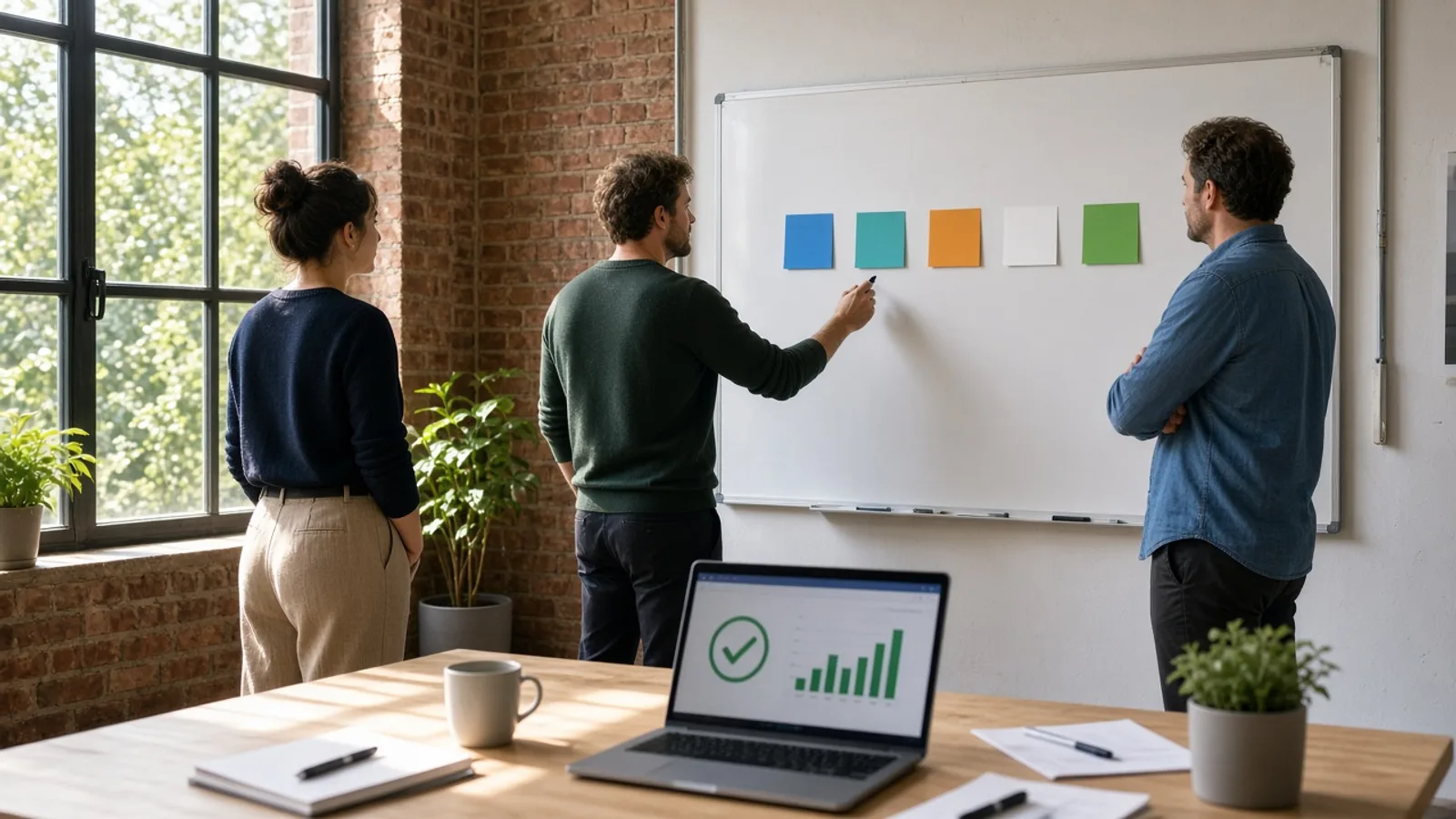 Three colleagues planning a five-step AI roadmap on a whiteboard in a bright brick office