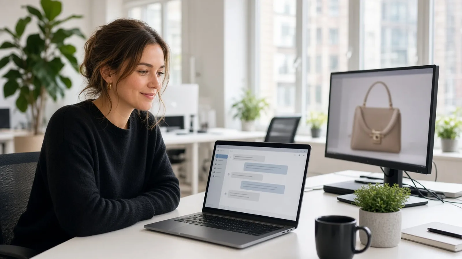 Support agent reviewing a chat draft beside a product photo in a bright London office