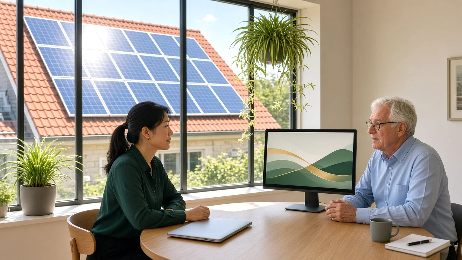 Two colleagues meeting at a round table beside a window with solar panels on the roof outside