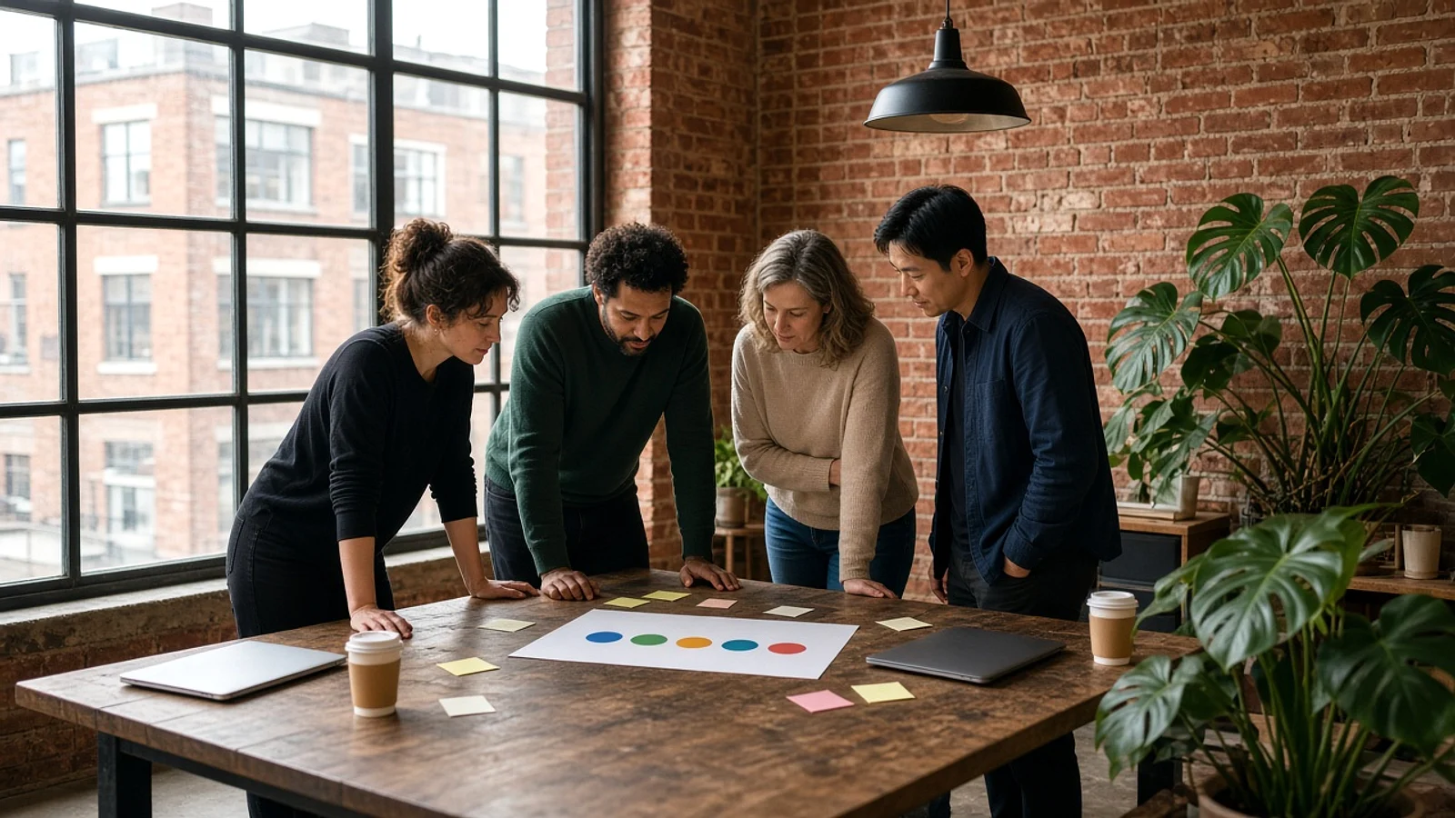Four colleagues reviewing a five-step colour plan on a table in a bright brick studio
