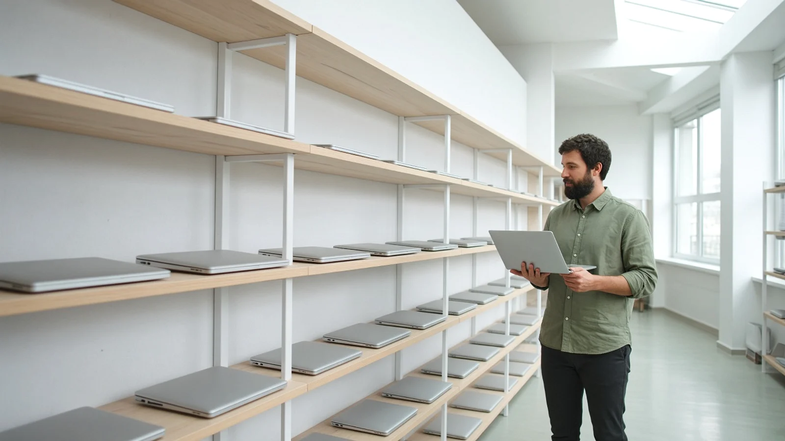 Man holding a laptop beside shelves of identical business laptops in a bright, skylit stock room