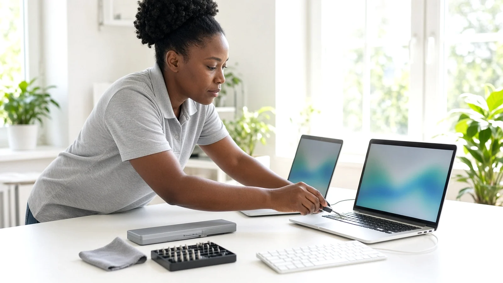 Technician testing a silver laptop on a bright workbench with tools, a spare battery, and a second screen
