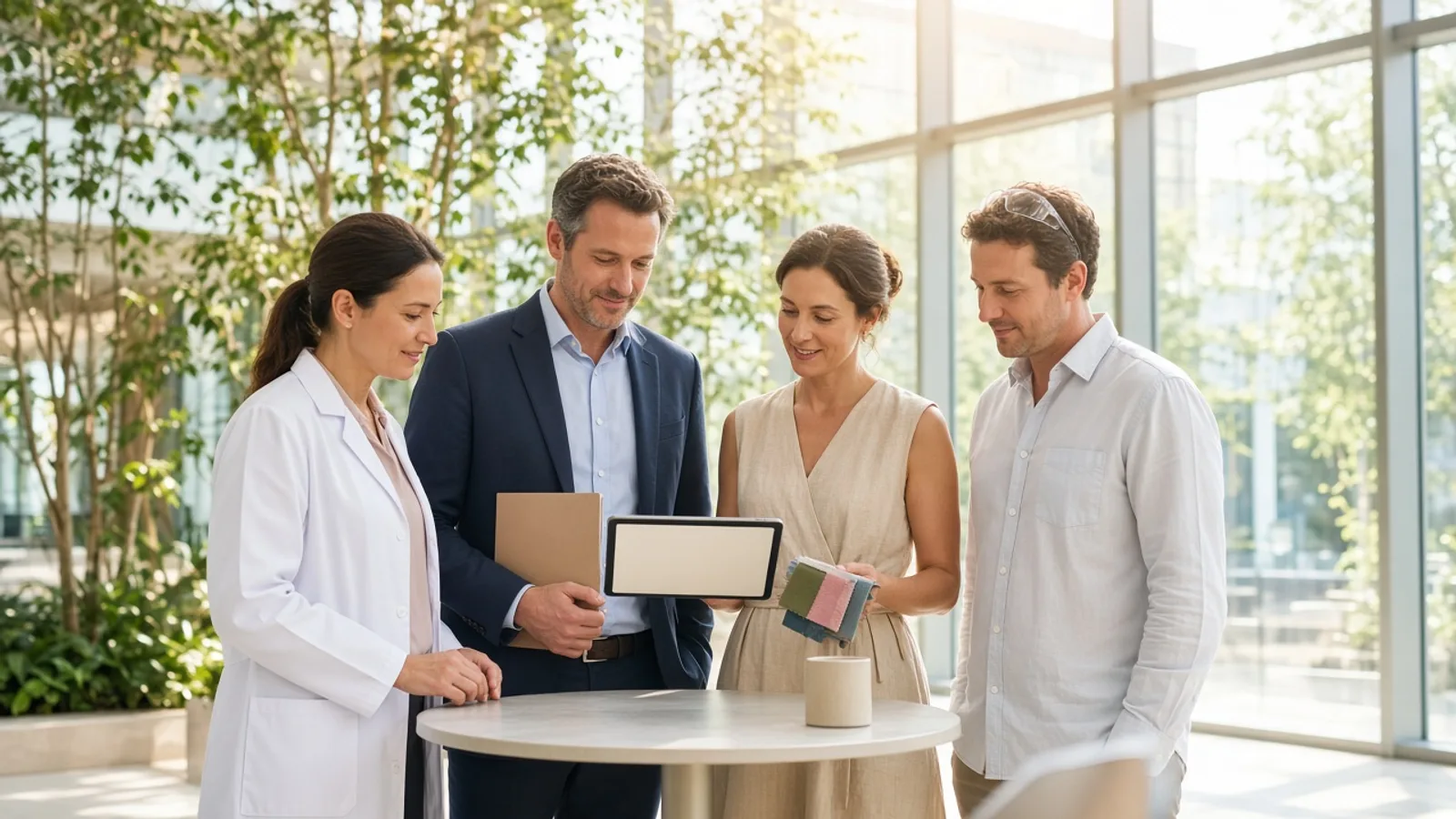 Healthcare, finance, retail, and manufacturing professionals reviewing a tablet together in a bright glass atrium
