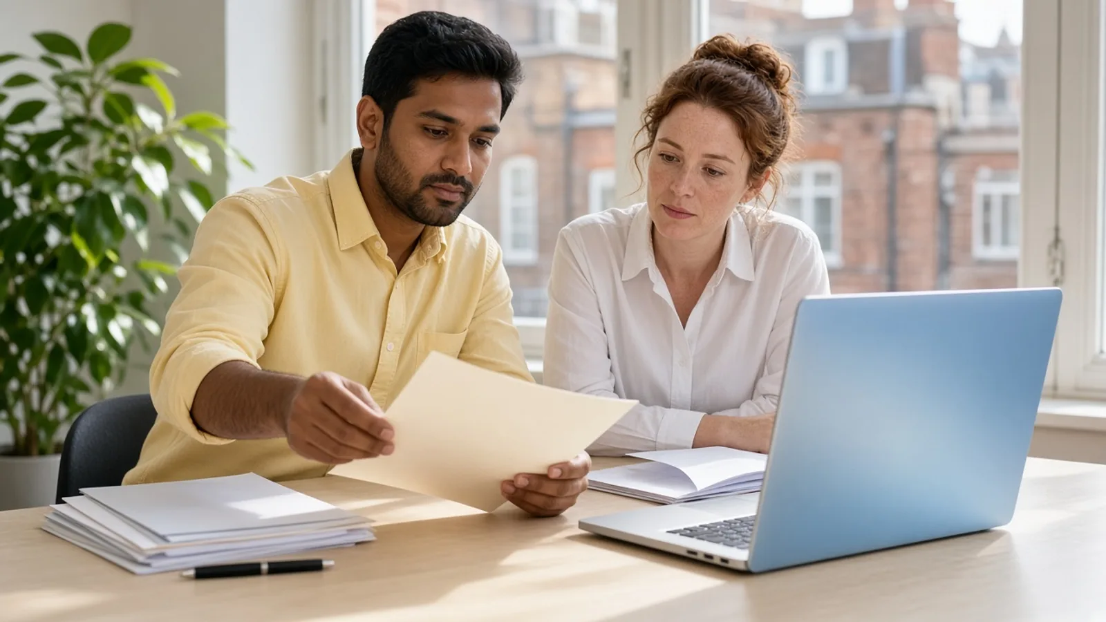 Two colleagues in a bright London office comparing a blank paper form with a laptop on a sunlit desk