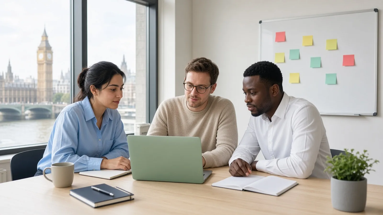 Three colleagues reviewing a laptop in a bright London meeting room, with blank sticky notes on the whiteboard and Big Ben outside