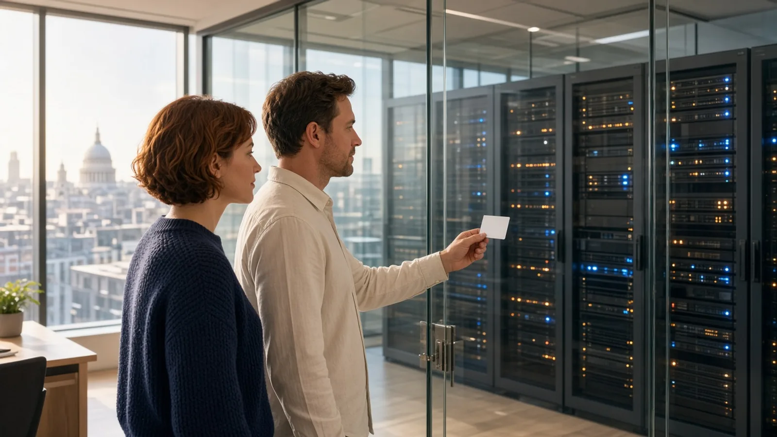 Two colleagues with a blank access card beside a glass server room overlooking the London skyline