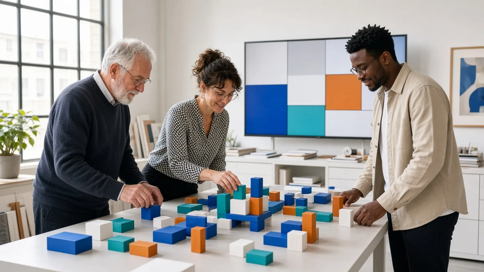 Three colleagues arranging colourful building blocks in a bright studio beside a modular colour grid