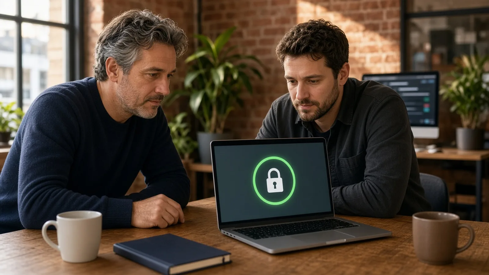 Two colleagues reviewing laptop security status in a bright brick UK office