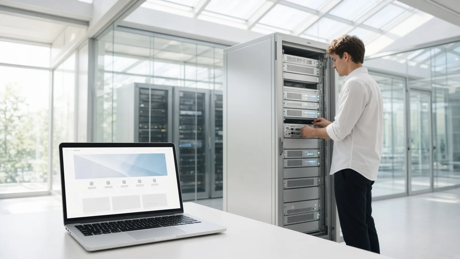 Technician working in a bright glass-walled server room beside a laptop showing a business website