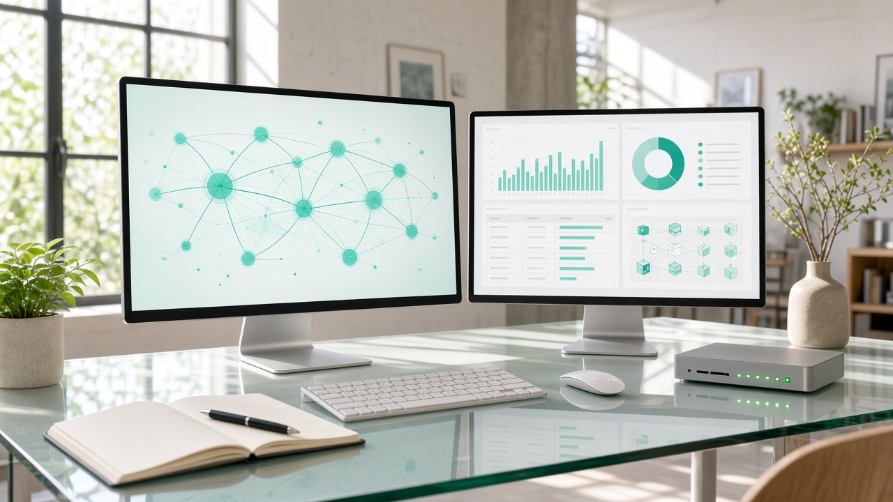 Bright loft desk with API gateway visualization and commerce order dashboards on dual monitors