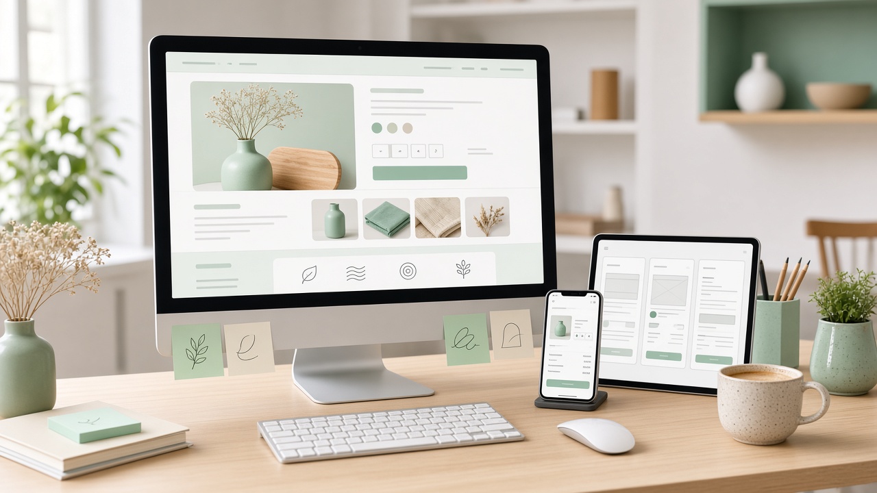 Bright desk with headless ecommerce product page, shopping journey tablet, and checkout phone