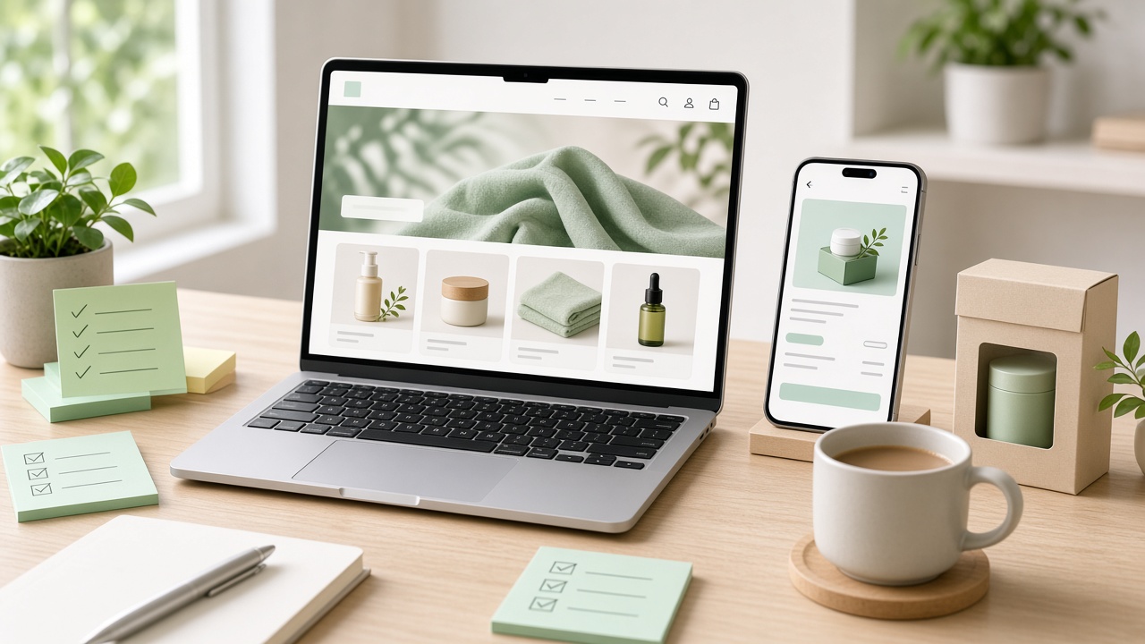 Bright startup desk with DTC MVP storefront laptop, checkout phone, and feature notes