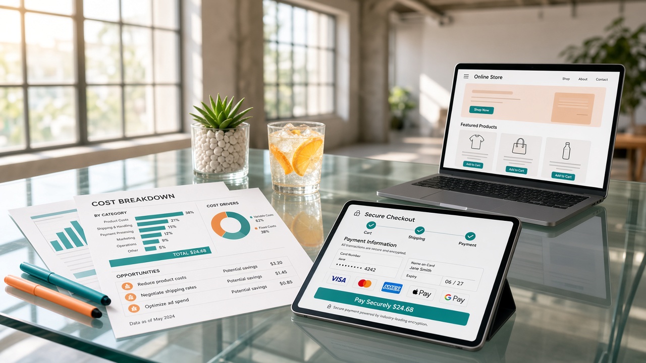 Bright loft desk with cost charts, checkout tablet, and ecommerce wireframes