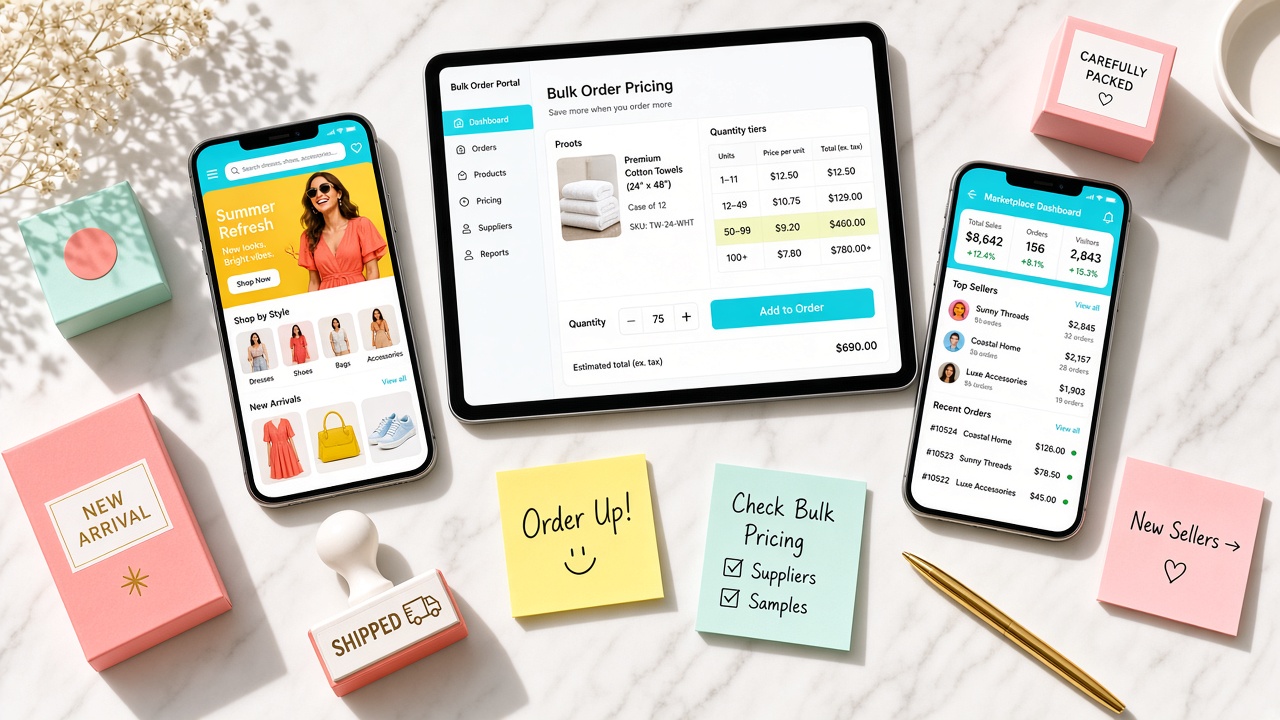 Bright flat-lay of phones and a tablet showing B2C, B2B, and marketplace ecommerce UIs
