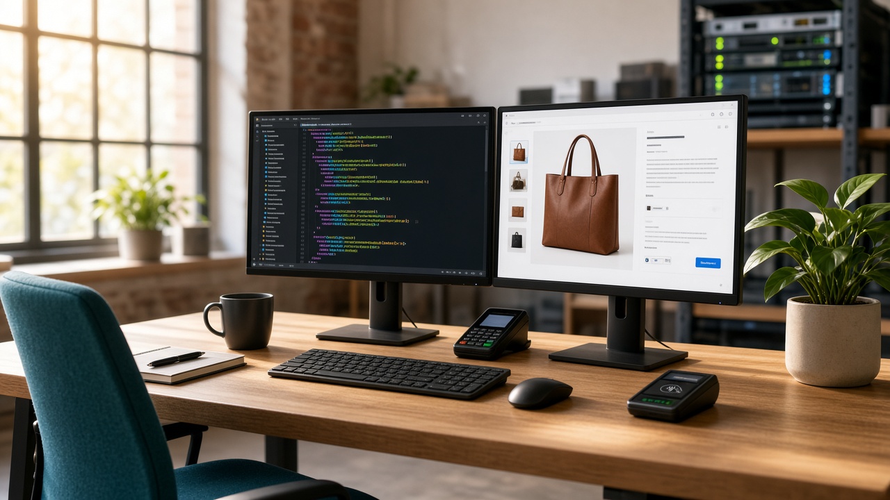 Bright loft desk with dual monitors showing storefront code and a live ecommerce product page
