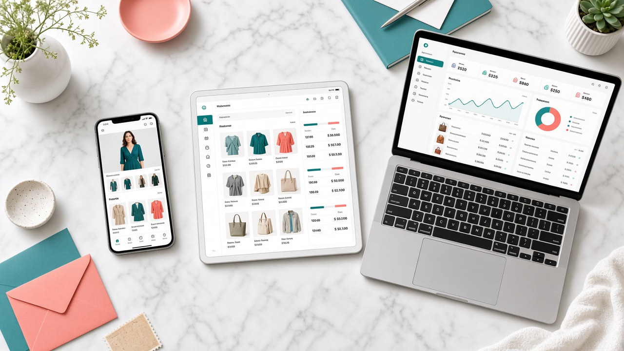 Bright flat-lay of phone, tablet, and laptop showing B2C, B2B, and marketplace ecommerce interfaces