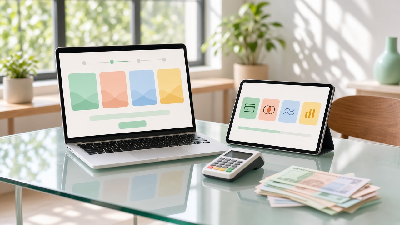 Bright loft desk with multi-currency checkout on a laptop, payment terminal, and mixed currency notes