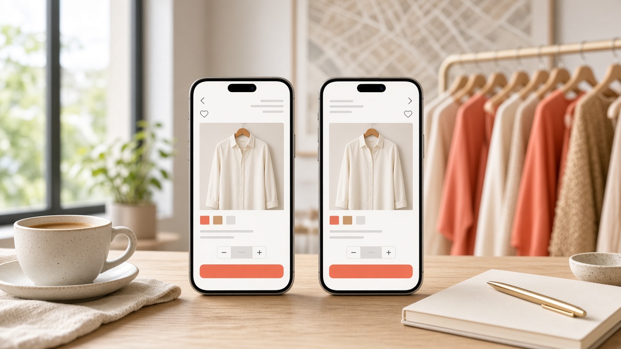 Bright boutique workspace with two phones showing localized apparel storefront layouts