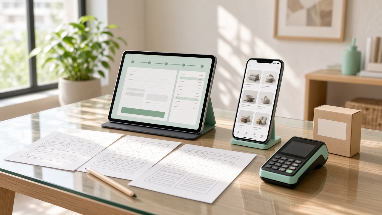 Bright loft desk with custom checkout on a tablet, inventory on a phone, and a payment terminal