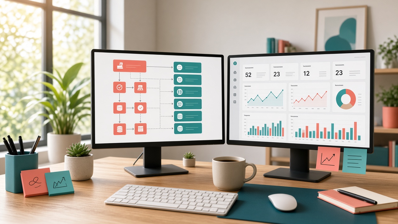 Bright workspace with custom ecommerce architecture on dual monitors and a performance dashboard