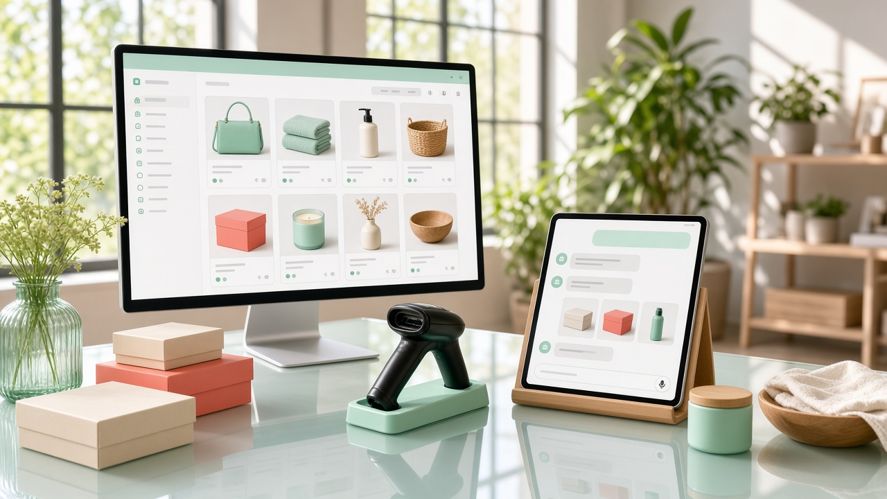 Bright loft desk with a product catalog on a monitor and a shopping assistant on a tablet