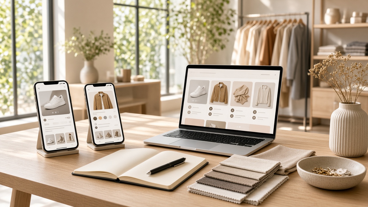 Bright boutique desk with product comparison phones and personalized recommendations on a laptop