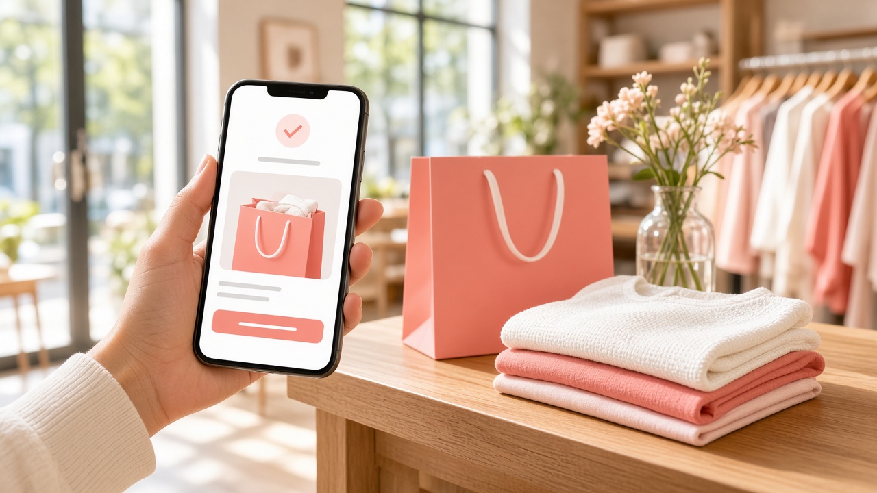 Bright boutique counter with a pickup shopping bag and a phone showing a pickup confirmation