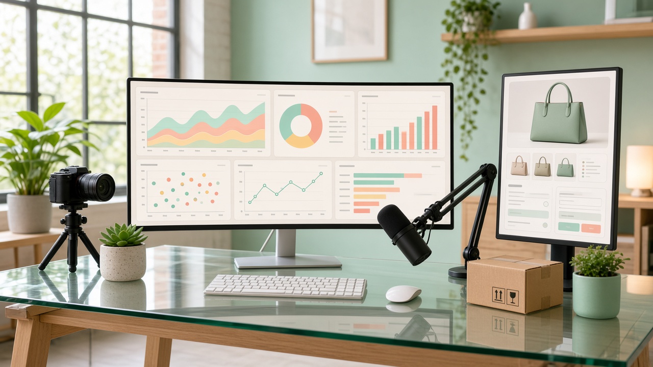 Bright loft desk with live-stream analytics, a checkout overlay, camera, and microphone