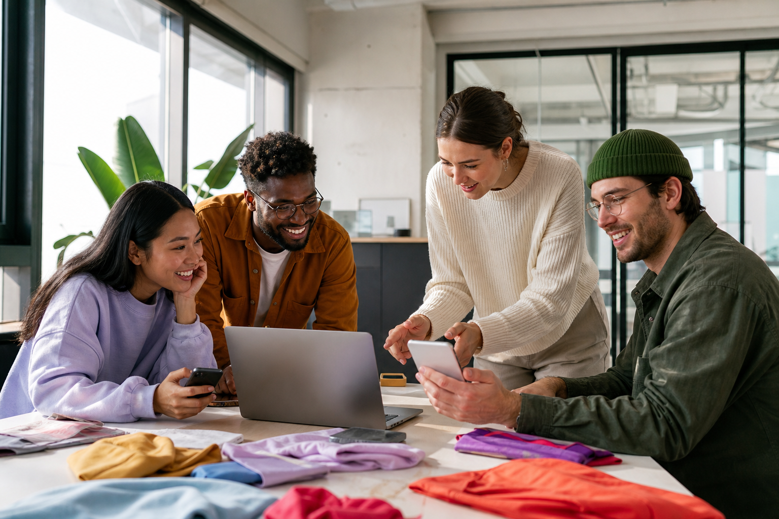 Product team reviewing a shopping app in a bright studio