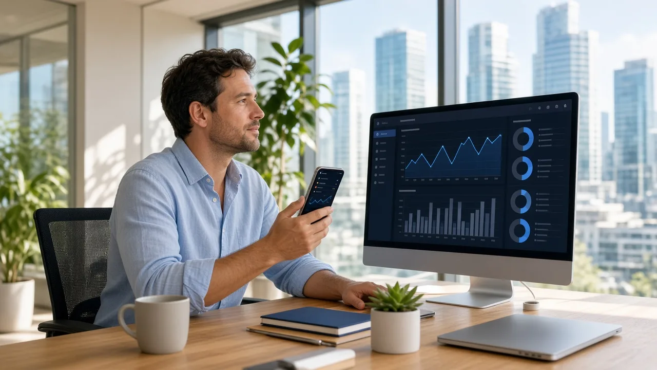Fintech product manager in a sunlit Luxembourg office reviewing real-time banking data sync on monitor and phone